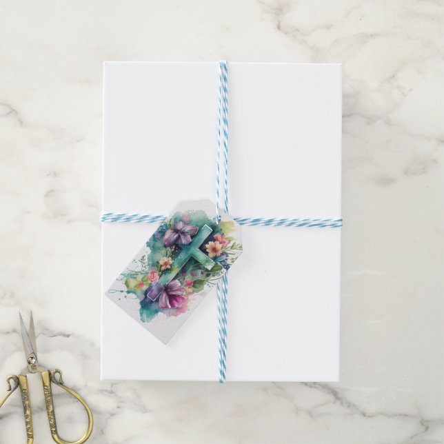 Étiquettes-cadeau Belle aquarelle Croix chrétienne Pâques (Avec de laficelle)