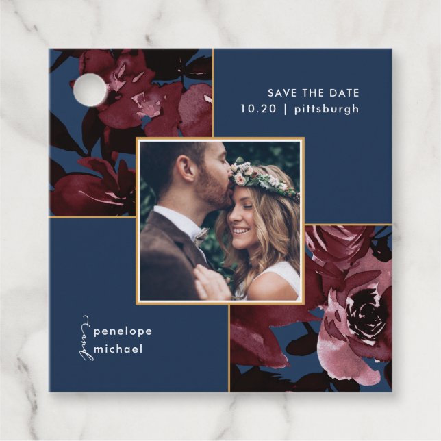 Étiquettes Cadeau Belle aquarelle Floral Bleu et Mariage rouge (Devant)