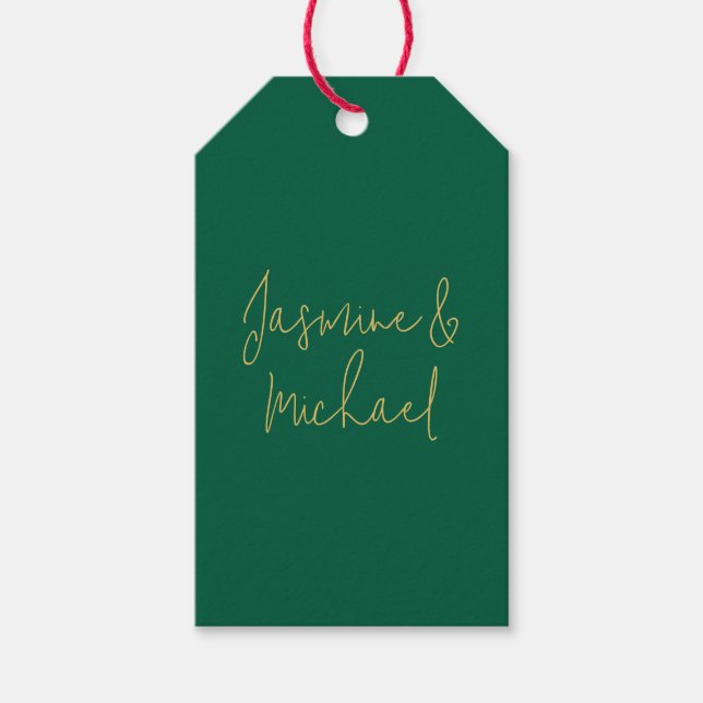 Étiquettes-cadeau Belle Chic Calligraphie Couple Noms Vert & Or (Devant)