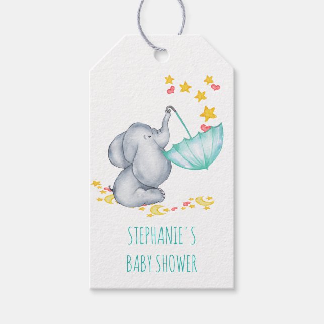 Étiquettes-cadeau Belle Étoiles d'éléphant et Coeurs Baby shower Fav (Devant)