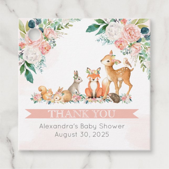 Étiquettes Cadeau Belle forêt Bois Animaux Fille Baby shower (Devant)