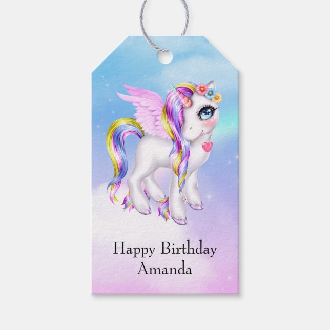 Étiquettes-cadeau Belle licorne avec Rainbow Mane Anniversaire (Devant)