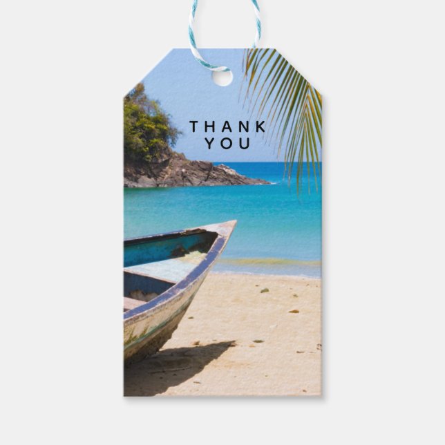 Étiquettes-cadeau Belle plage tropicale avec un Merci en bateau à mo (Devant)