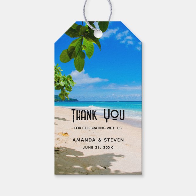 Étiquettes-cadeau Belle plage tropicale ensoleillée Merci de mariage (Devant)