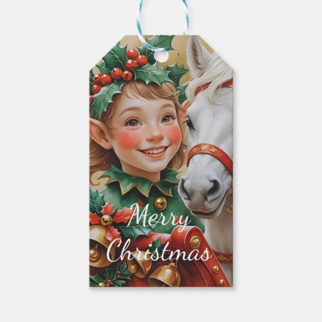 Étiquettes-cadeau Bells Holly and Horse Christmas Elf (Devant)