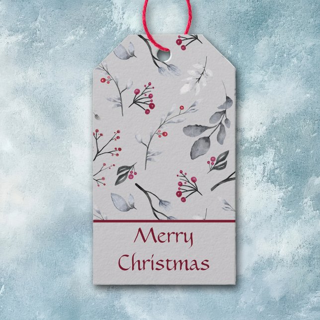 Étiquettes-cadeau Berries Feuilles Holly élégantes pour Noël argenté (Créateur téléchargé)