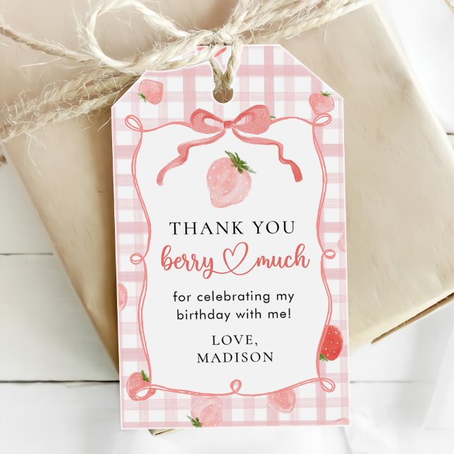Étiquettes-cadeau Berry First Strawberry Pink En vichy 1er anniversa (Créateur téléchargé)