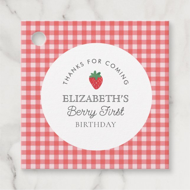 Étiquettes Cadeau Berry fraise Premier Merci plaid rouge (Devant)