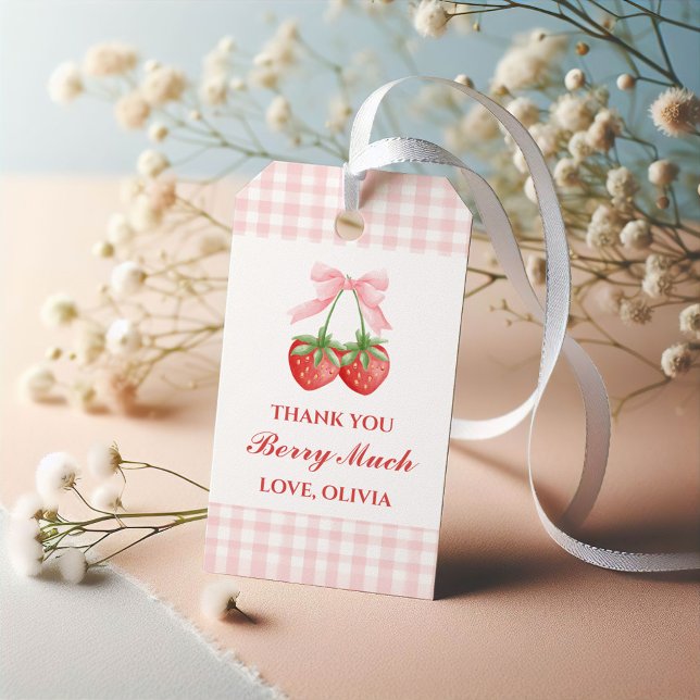 Étiquettes-cadeau Berry Sweet fraise anniversaire Pink Bow En vichy (Créateur téléchargé)