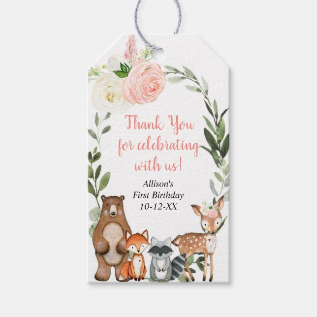 Étiquettes-cadeau Bêtes boisés animaux rose verdure fille anniversai (Devant)