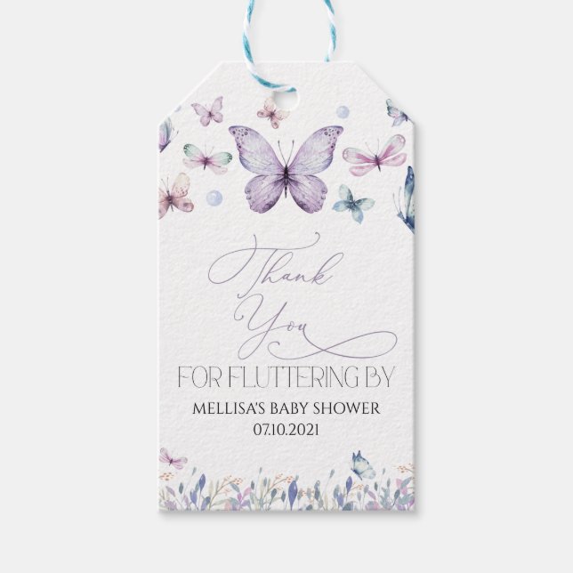 Étiquettes-cadeau Beurre papillon violet fille Baby shower Favoriser (Devant)