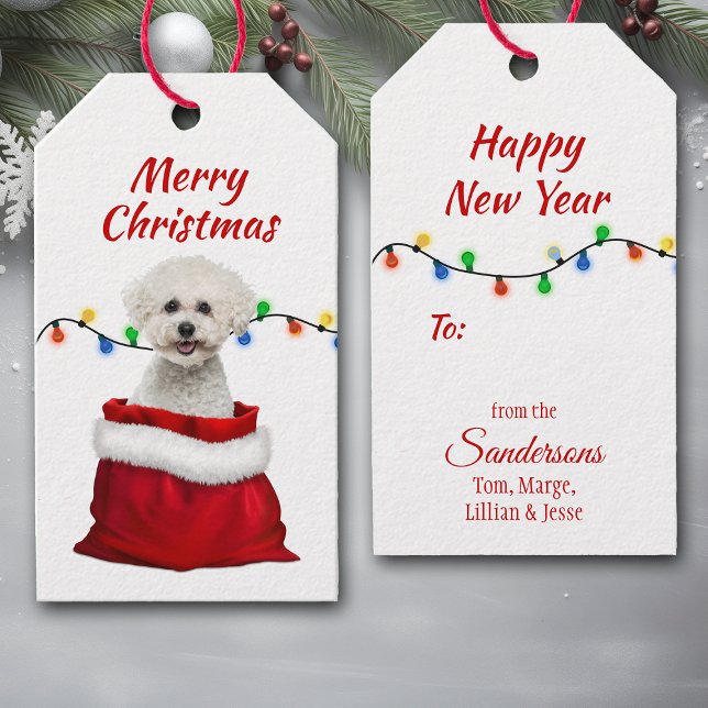 Étiquettes-cadeau Bichon Frise Dog dans le sac Père Noël (Créateur téléchargé)