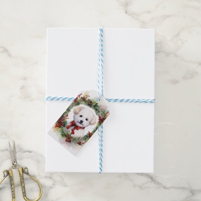 Étiquettes-cadeau Bichon Frise Wreath Festive Pup (Avec de laficelle)