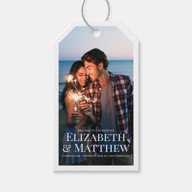 Étiquettes-cadeau Bienvenue À Notre Mariage | Photo moderne et simpl (Devant)