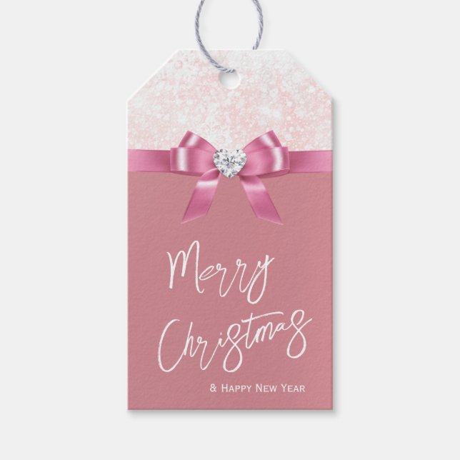 Étiquettes-cadeau Bifteck de Noël Diamant de ruban rose (Devant)