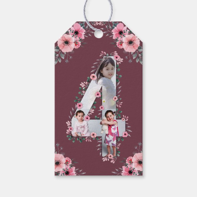 Étiquettes-cadeau Big 4th Birthday Girl Photo Collage Fleur rose (Devant)