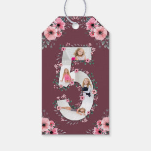 Étiquettes-cadeau Big 5th Birthday Girl Photo Collage Fleur rose