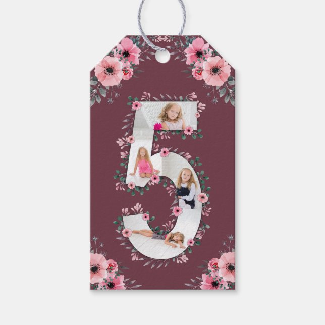 Étiquettes-cadeau Big 5th Birthday Girl Photo Collage Fleur rose (Devant)