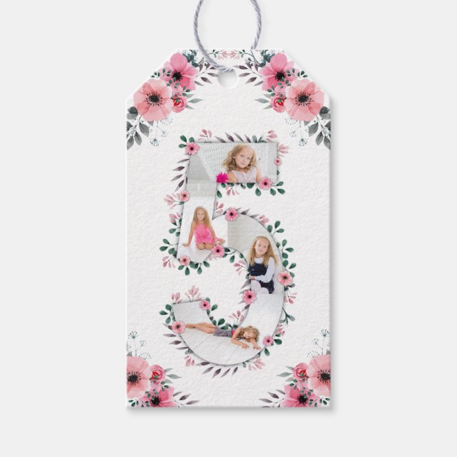 Étiquettes-cadeau Big 5th Birthday Girl Photo Collage Fleur rose (Devant)