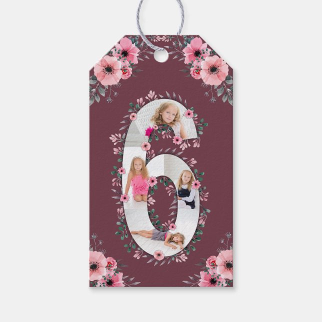 Étiquettes-cadeau Big 6th Birthday Girl Photo Collage Fleur rose (Devant)