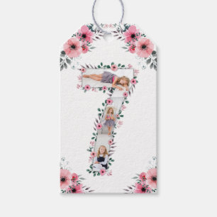 Étiquettes-cadeau Big 7th Birthday Girl Photo Collage Fleur rose