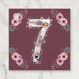 Étiquettes Cadeau Big 7th Birthday Girl Photo Collage Fleur rose