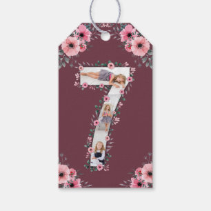 Étiquettes-cadeau Big 7th Birthday Girl Photo Collage Fleur rose