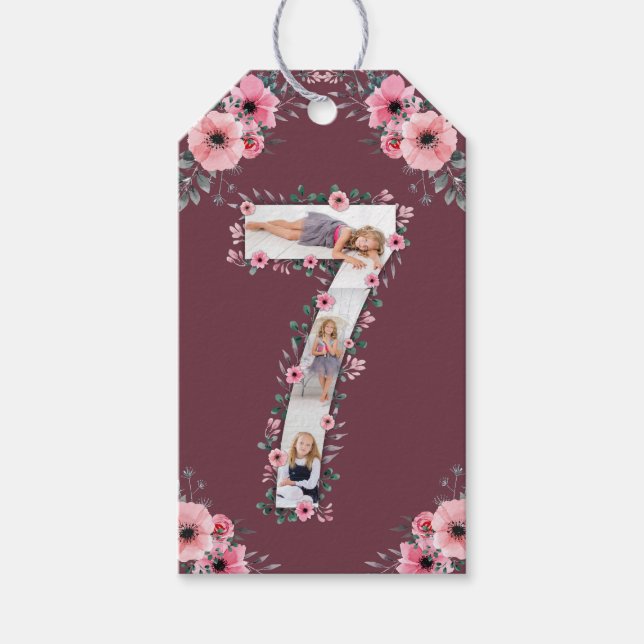 Étiquettes-cadeau Big 7th Birthday Girl Photo Collage Fleur rose (Devant)