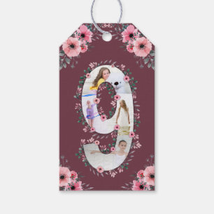 Étiquettes-cadeau Big 9th Birthday Girl Photo Collage Fleur rose
