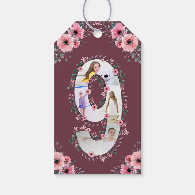 Étiquettes-cadeau Big 9th Birthday Girl Photo Collage Fleur rose (Devant)