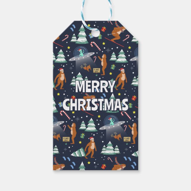Étiquettes-cadeau Big Foot, Aliens, & Reindeer Sci-Fi Noël (Devant)