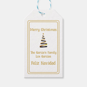Étiquettes-cadeau Bilingue Feliz Navidad Christmas Blanc /Golden