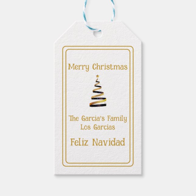 Étiquettes-cadeau Bilingue Feliz Navidad Christmas Blanc /Golden (Devant)