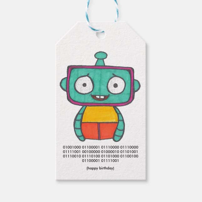Étiquettes-cadeau Binary Code Joyeux Anniversaire Balise - Robot (Devant)