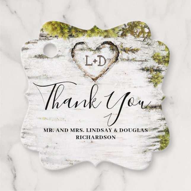 Étiquettes Cadeau Birch Tree Heart Merci rustique (Devant)