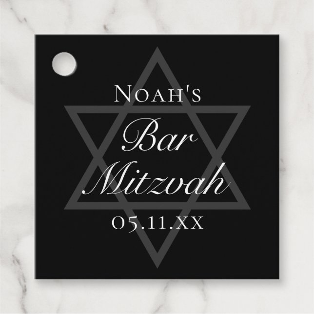 Étiquettes Cadeau Black Bar Mitzvah Star de David Custom Party (Devant)
