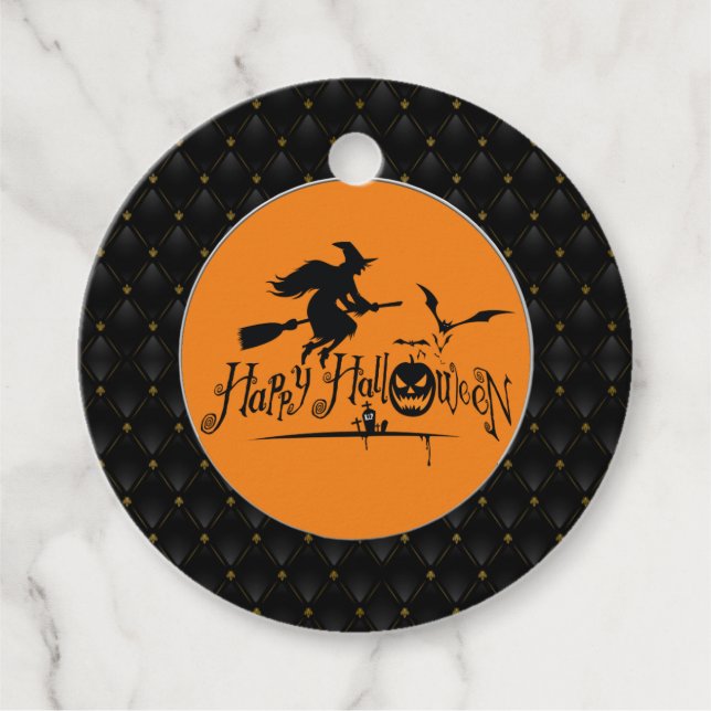Étiquettes Cadeau Black Boarder Happy Halloween sorcière et chauves- (Devant)