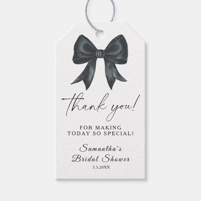 Étiquettes-cadeau Black Bow Elle attache le noeud Merci nuptial (Devant)