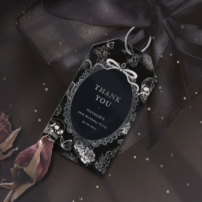 Étiquettes-cadeau Black Bow Floral Skull RIP 20s 30th Birthday Party (Black Bow Floral Skull RIP 20s 30th Birthday Party Gift Tags)