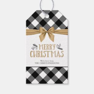 Étiquettes-cadeau Black Buffalo Plaid MERRY CHRISTMAS Gold Bow