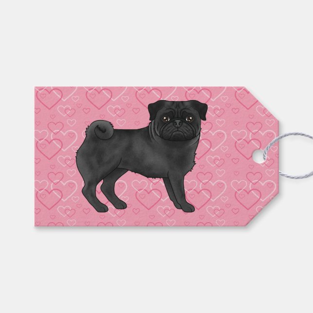 Étiquettes-cadeau Black Carlin Chien Cartoon Mops Pink Love Motif de (Devant (Horizontal))