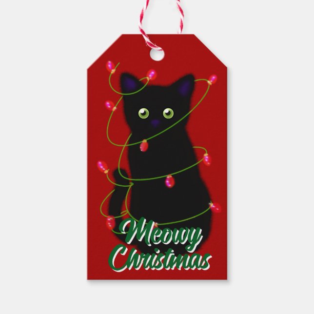 Étiquettes-cadeau Black cat Meowy Noël scintillants (Devant)