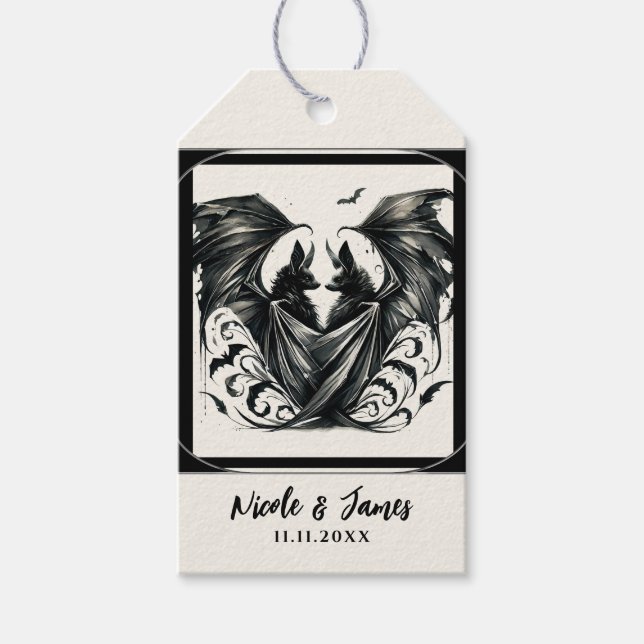 Étiquettes-cadeau Black Cream Argent Gothique Love Bats Mariage (Devant)