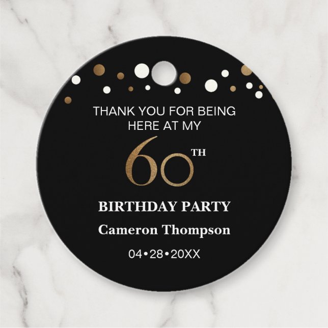 Étiquettes Cadeau Black Gold blanc confetti 60e anniversaire fête (Devant)