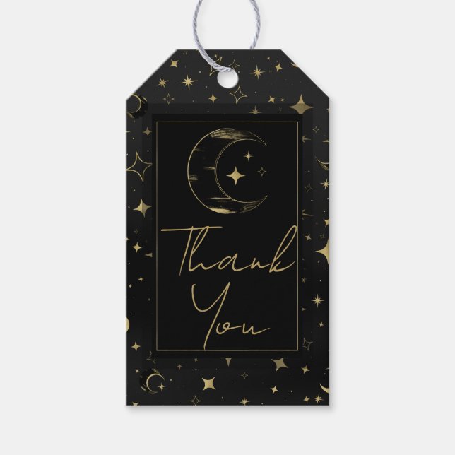Étiquettes-cadeau Black & Gold Moderne Lune Céleste Étoiles Mariage (Devant)