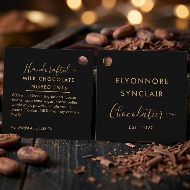 Étiquettes Cadeau Black Gold Script Milk Chocolate Ingredients (Créateur téléchargé)