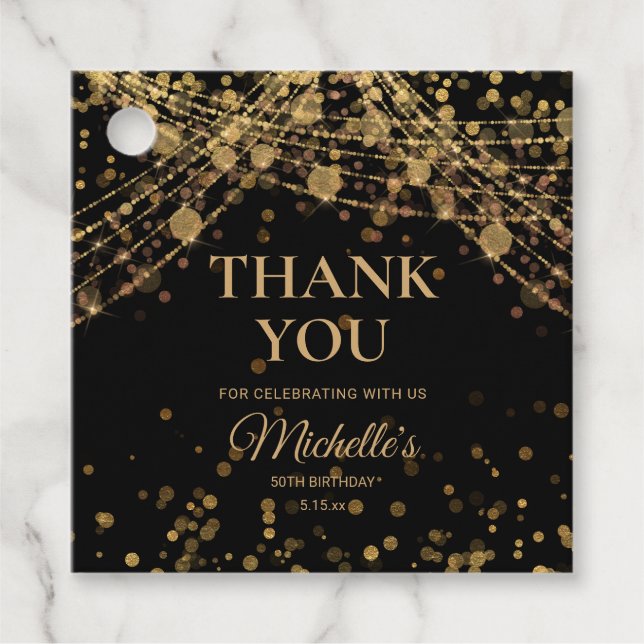 Étiquettes Cadeau Black Gold String éclat Adulte Anniversaire Merci (Devant)