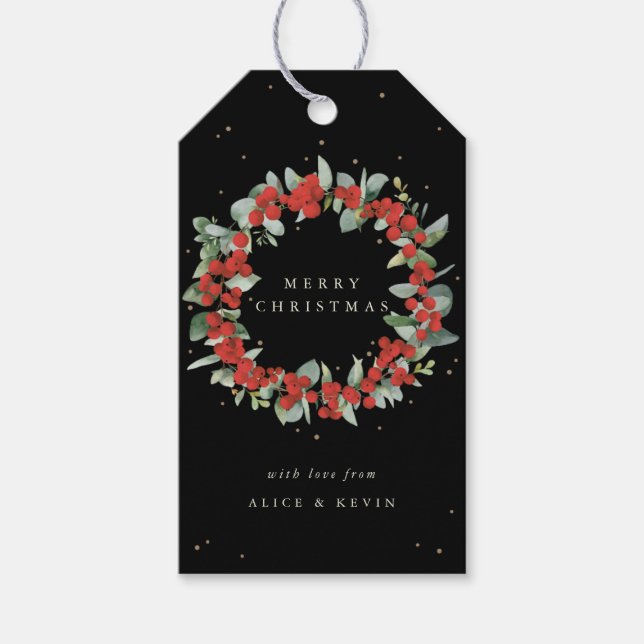 Étiquettes-cadeau Black Red Berry+Eucalyptus Noël/Fête (Devant)