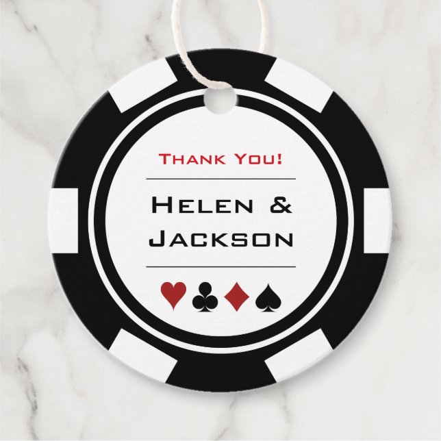 Étiquettes Cadeau Black White Poker Chips Merci Vegas Mariage (Devant)