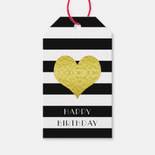 Étiquettes-cadeau Black White Stripes Gold Heart Joyeux anniversaire